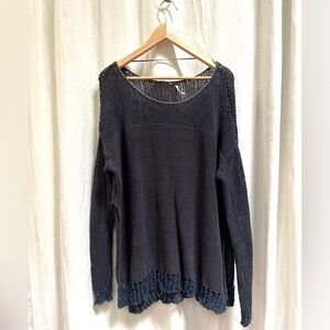 Free people linen blend side slit crochet pullover in blue size small
